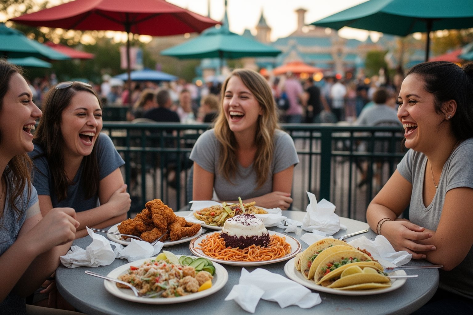 10 Must-Try Restaurants at Universal Studios Florida: Your Ultimate Guide Friends sharing dishes at a restaurant patio at Universal Studios Florida