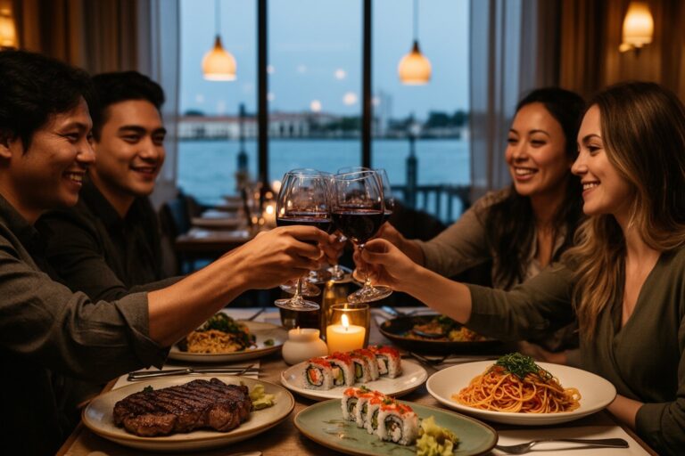 Top 10 Mouthwatering Restaurants in Disney World You Can't Miss! Friends toasting over a table of dishes at a Disney World restaurant at dusk