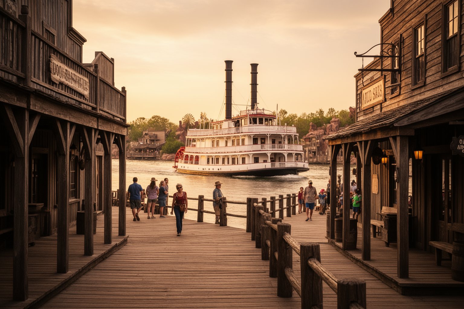 Magic Kingdom Hidden Gems: Secrets in Every Land Old West boardwalk with a white paddle-wheel riverboat on the river in Frontierland