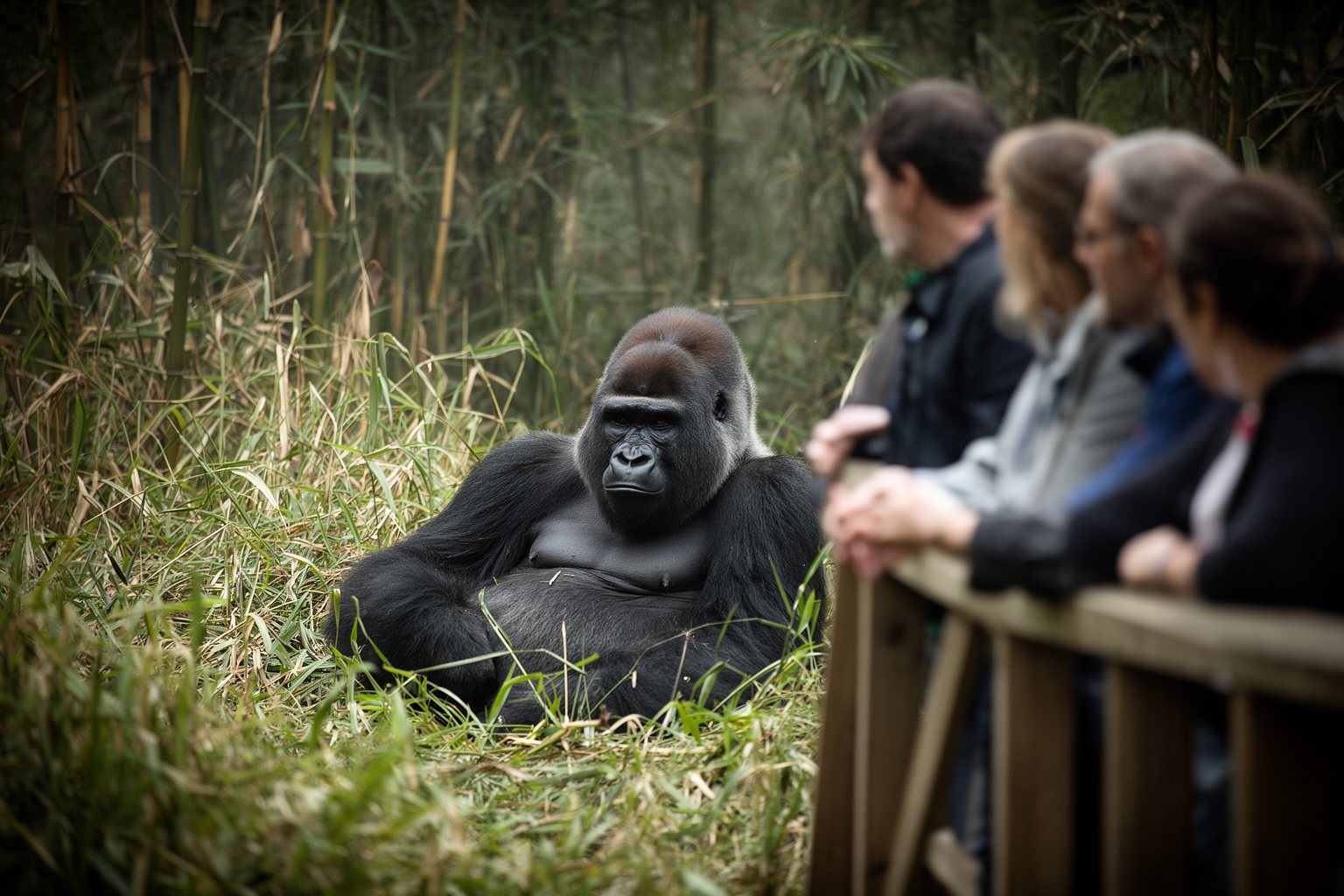 Visitors watching a gorilla from a wooden viewing platform on an Animal Kingdom trail