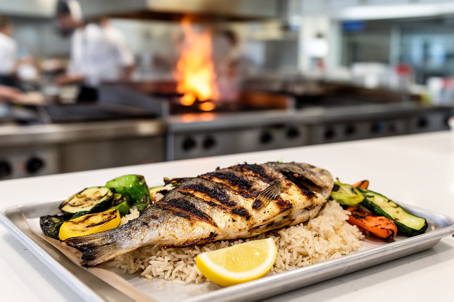 Sea World Orlando Restaurants: 10 Spots Worth Finding Grilled fish plate with rice and vegetables at Seafire Grill
