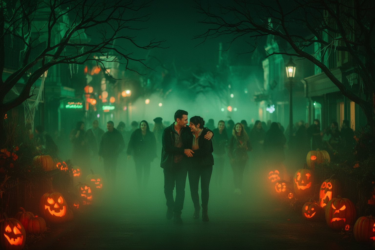 Universal Studios Orlando Nightlife: Rides, Shows and Eats Fog, eerie lights and carved pumpkins on a street during a Halloween event at Universal