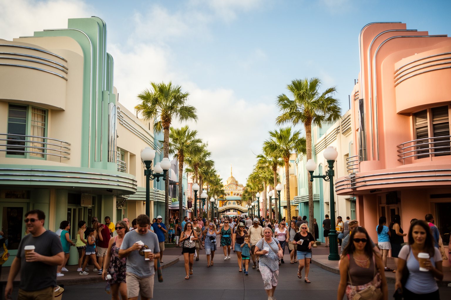 Hollywood Studios Food Spots: Where to Eat Like a Star Art deco storefronts and palm trees on Hollywood Boulevard at Disney's Hollywood Studios