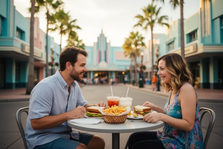 Hollywood Studios Food Spots: Where to Eat Like a Star Couple eating lunch at an outdoor table on an art deco boulevard at Hollywood Studios