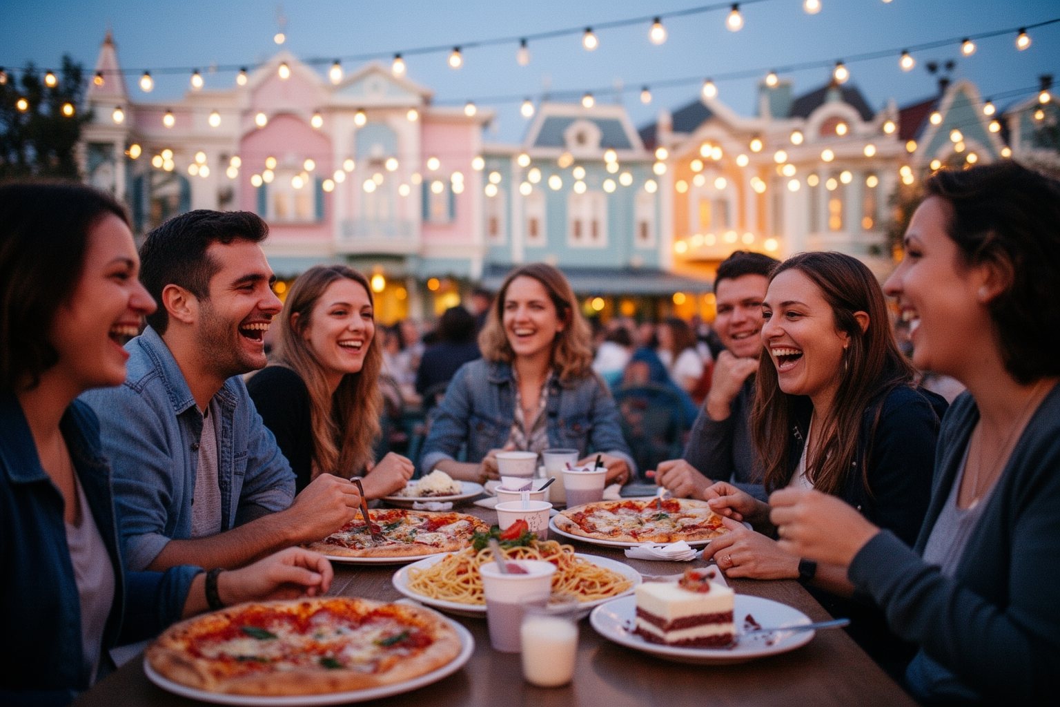 Hollywood Studios Food Spots: Where to Eat Like a Star Friends sharing pizza, pasta and dessert at an outdoor table at Hollywood Studios at dusk