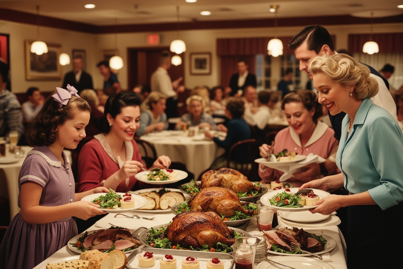 Hollywood Studios Food Spots: Where to Eat Like a Star Families filling plates at a retro studio-era buffet restaurant at Hollywood Studios
