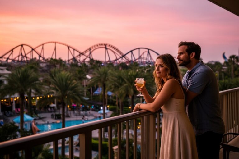 10 Hotels Near SeaWorld Orlando, From Luxury to Budget Couple on a hotel balcony with SeaWorld Orlando's coasters on the horizon at sunset