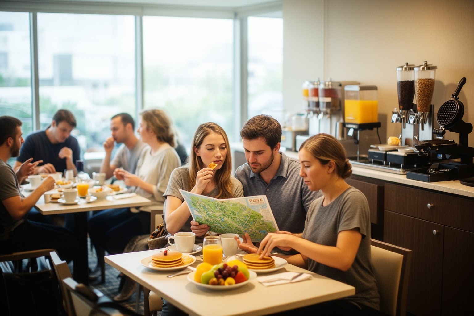 Guests eating breakfast in a bright hotel breakfast area near SeaWorld Orlando