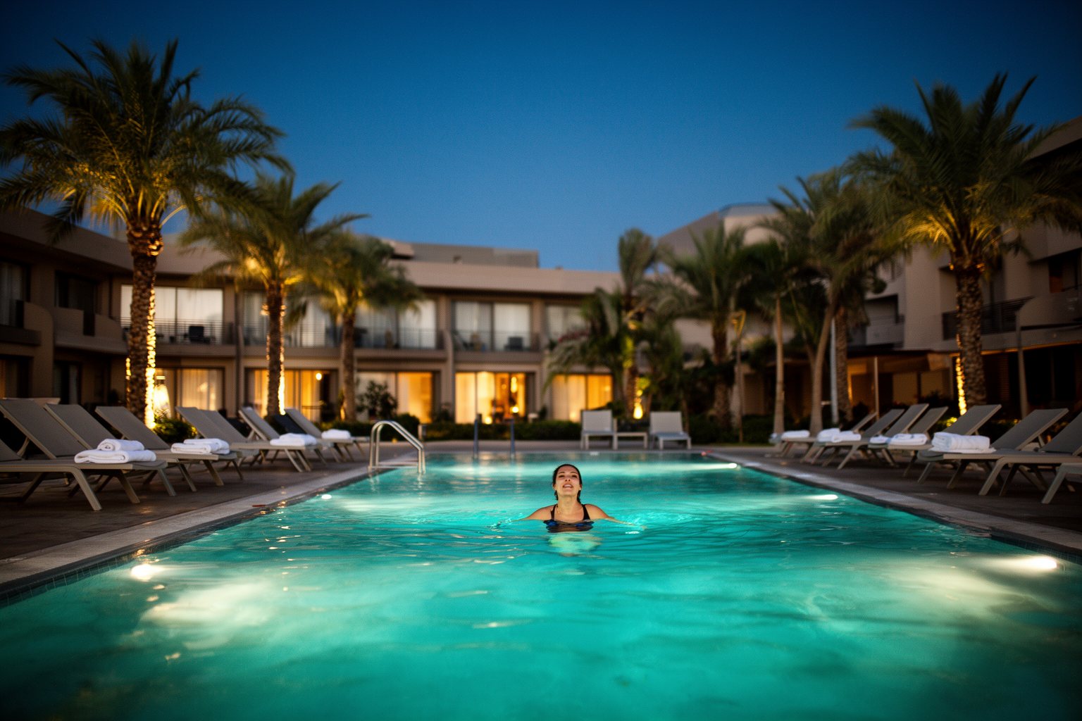 Hotel pool and loungers lit up at dusk near SeaWorld Orlando