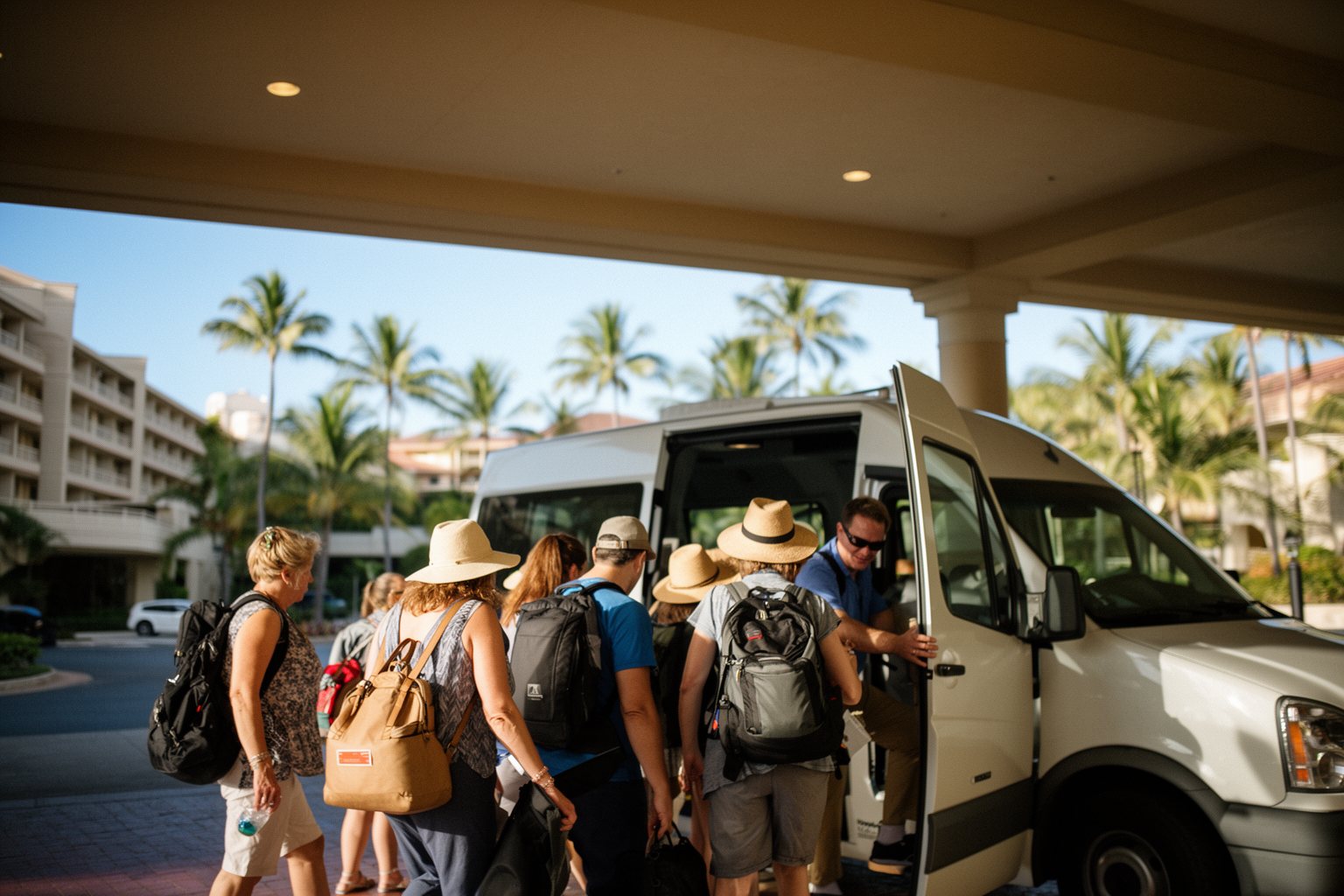 Guests boarding a shuttle outside a hotel near SeaWorld Orlando in the morning