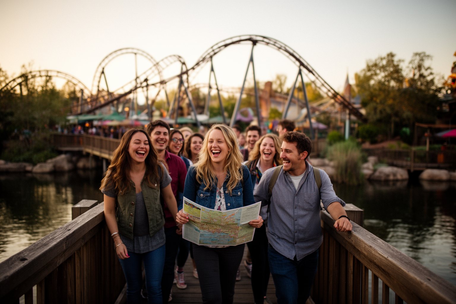 Friends crossing a footbridge at Islands of Adventure in the late afternoon