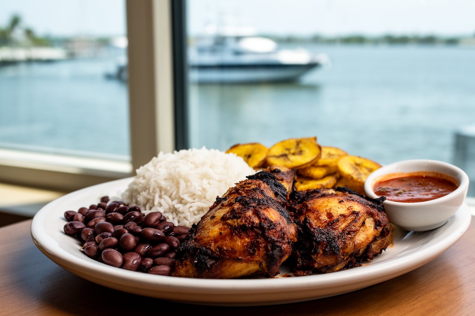 Sea World Orlando Restaurants: 10 Spots Worth Finding Spicy jerk chicken with rice and plantains beside a waterfront window at Spice Mill