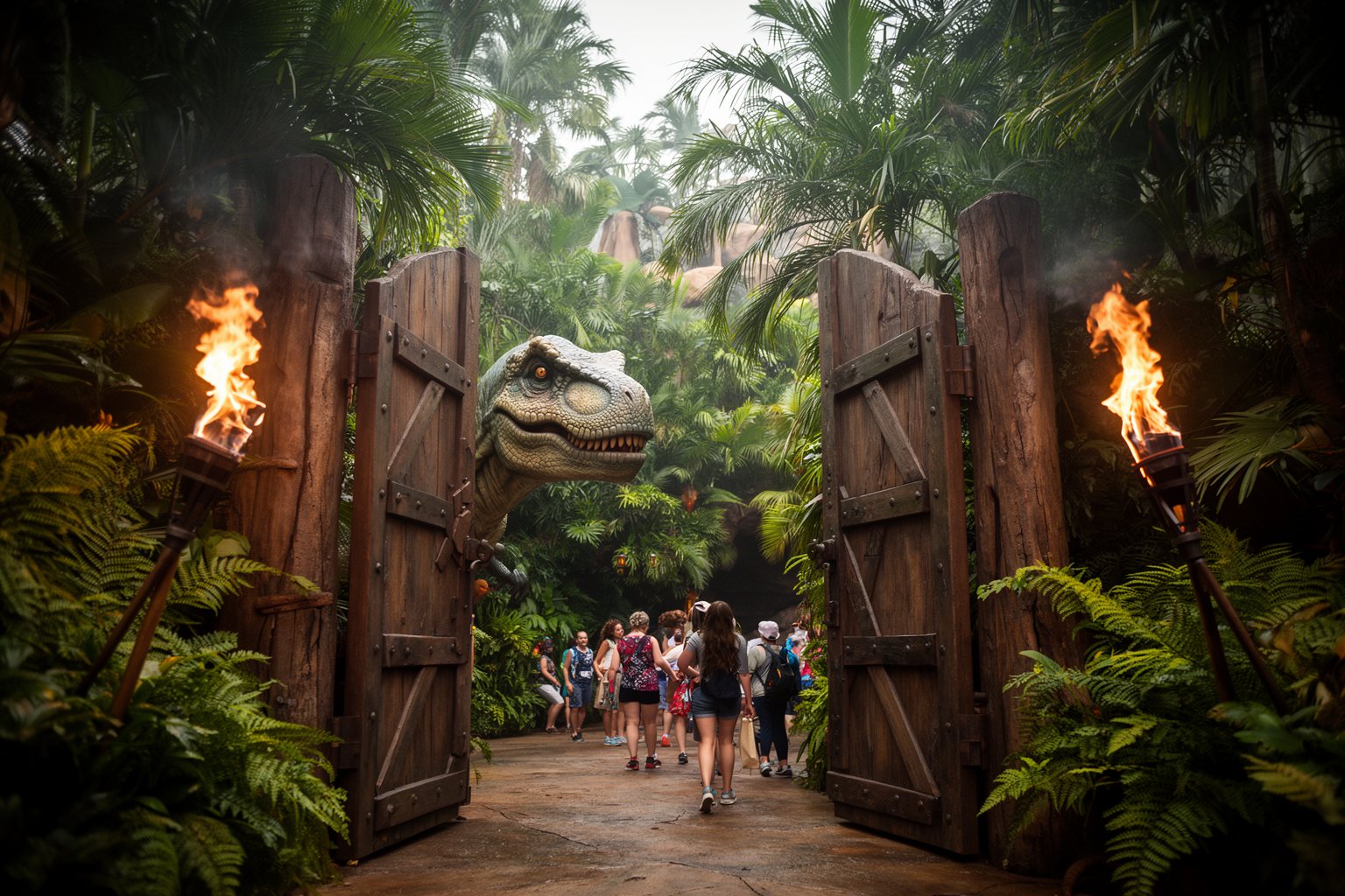 Giant wooden jungle gates and a life-size dinosaur figure in Jurassic Park at Islands of Adventure