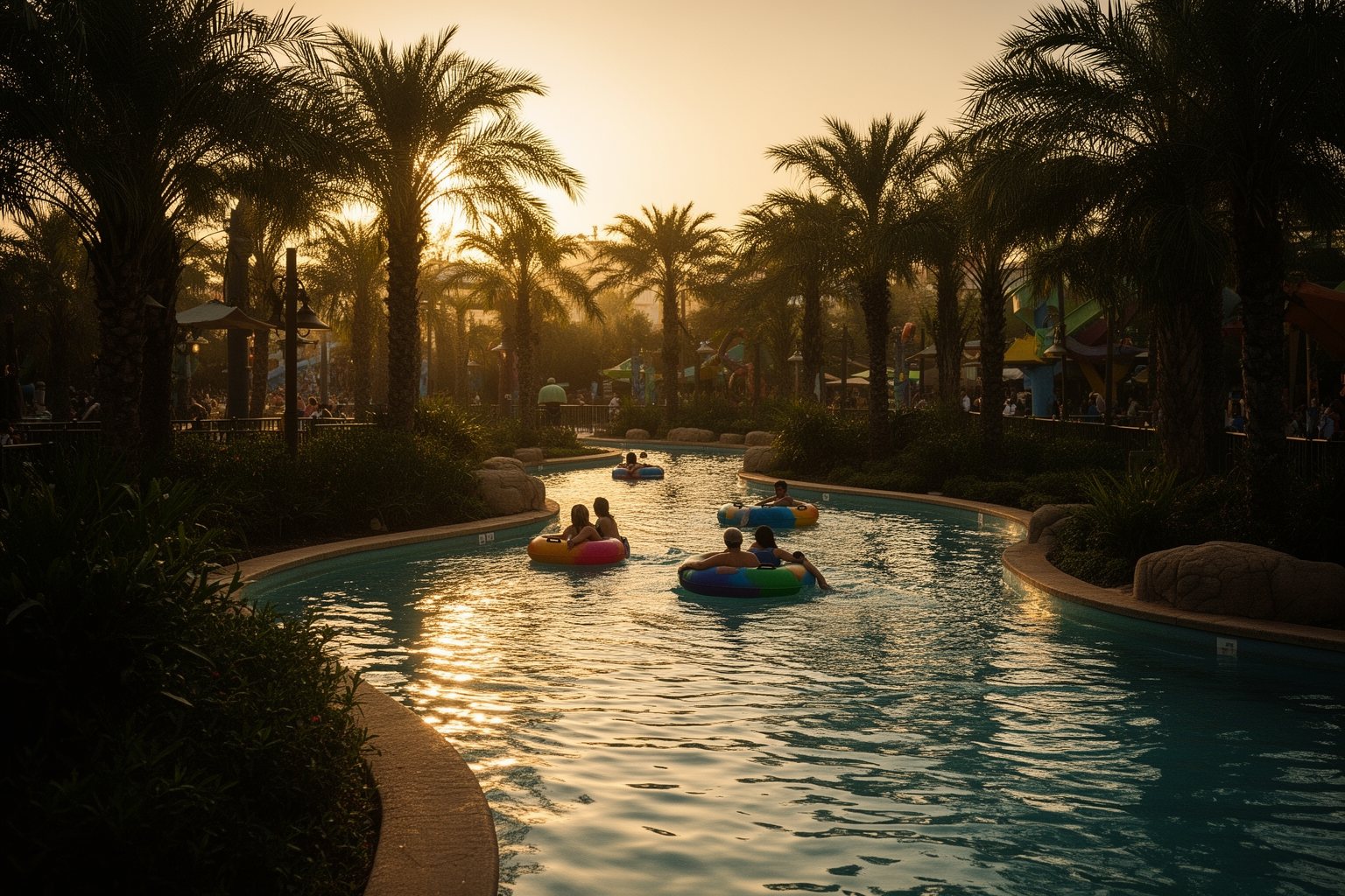 Last visitors drifting on the lazy river at Aquatica Orlando at sunset