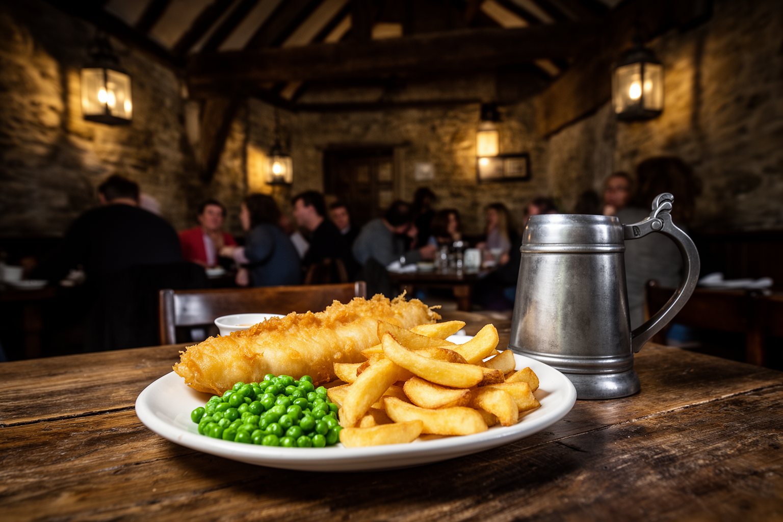 10 Must-Try Restaurants at Universal Studios Florida: Your Ultimate Guide Fish and chips on a wooden table in the Leaky Cauldron in Diagon Alley