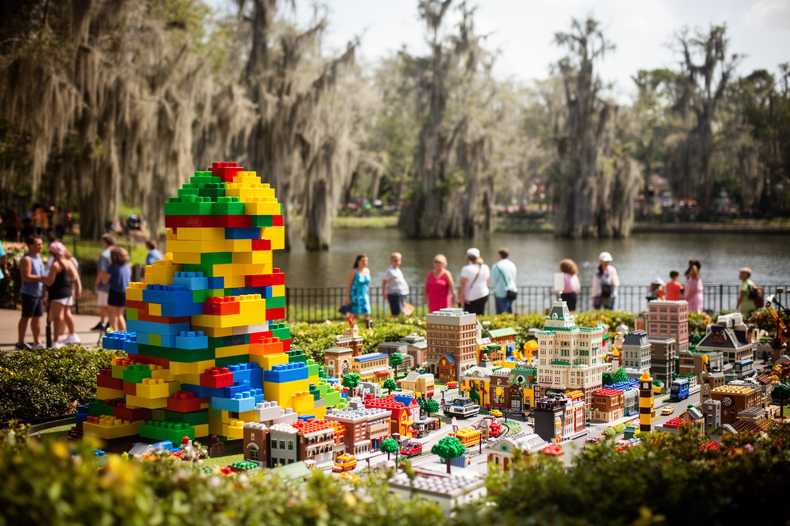 Legoland Florida vs Disney World vs Universal Studios Brick-built sculptures and a miniature city beside the lake at Legoland Florida