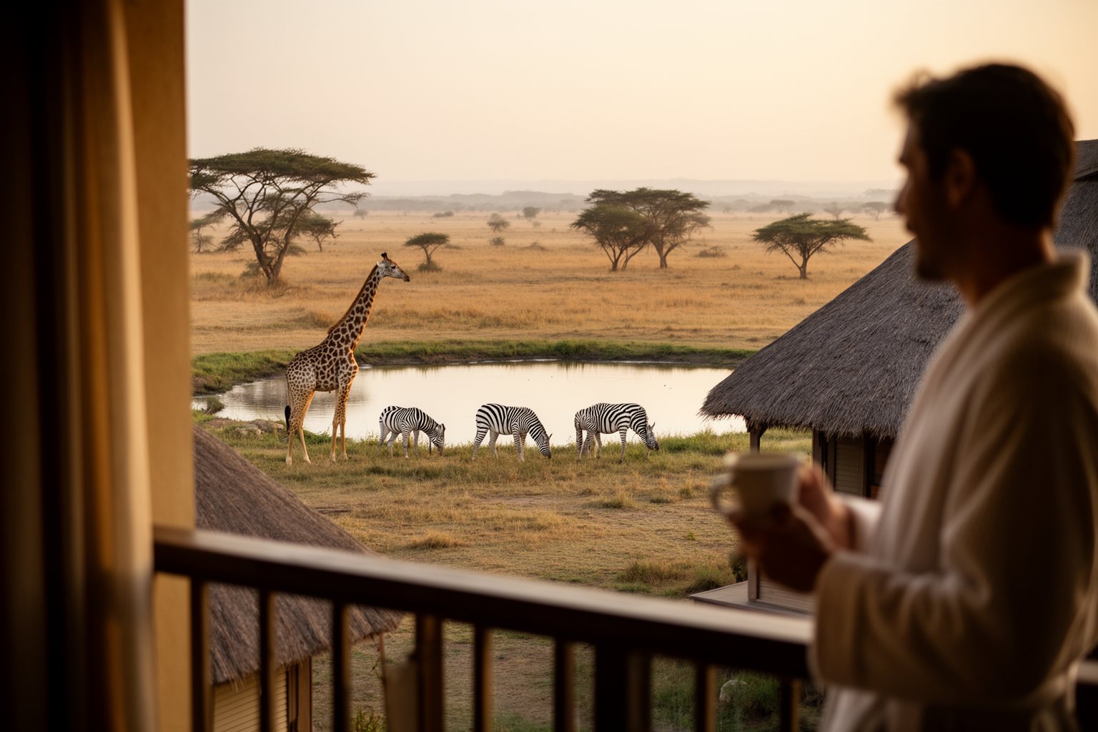 Guest watching giraffes on the savanna from a balcony at Disney's Animal Kingdom Lodge