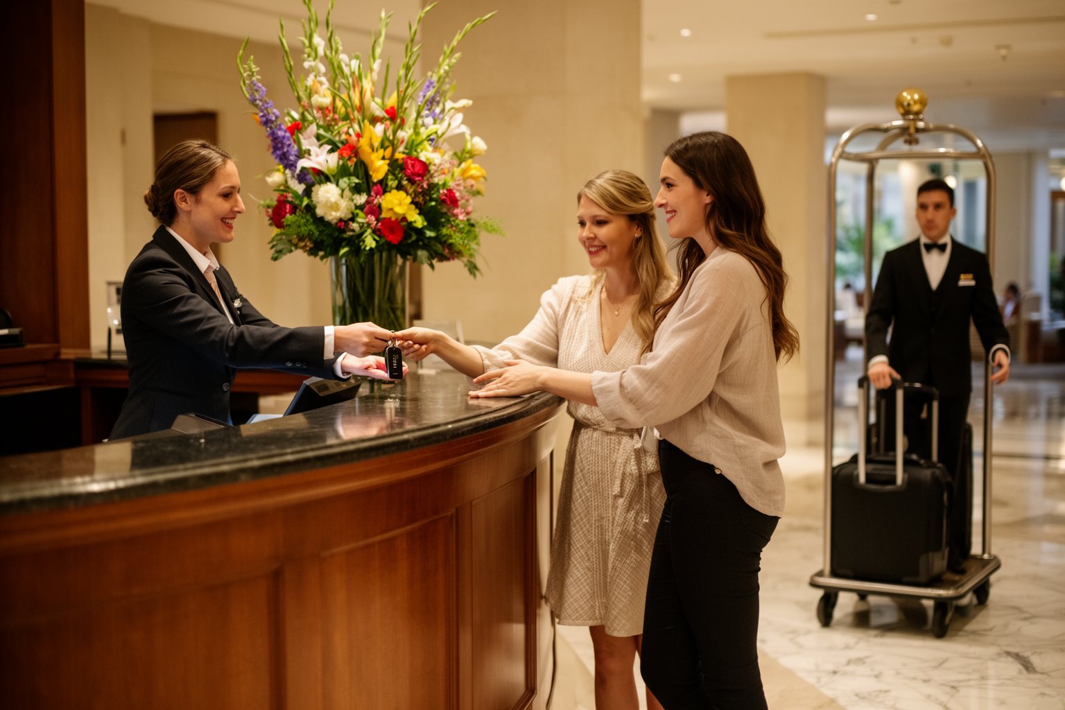Couple checking in at the elegant lobby desk of a Disney deluxe resort