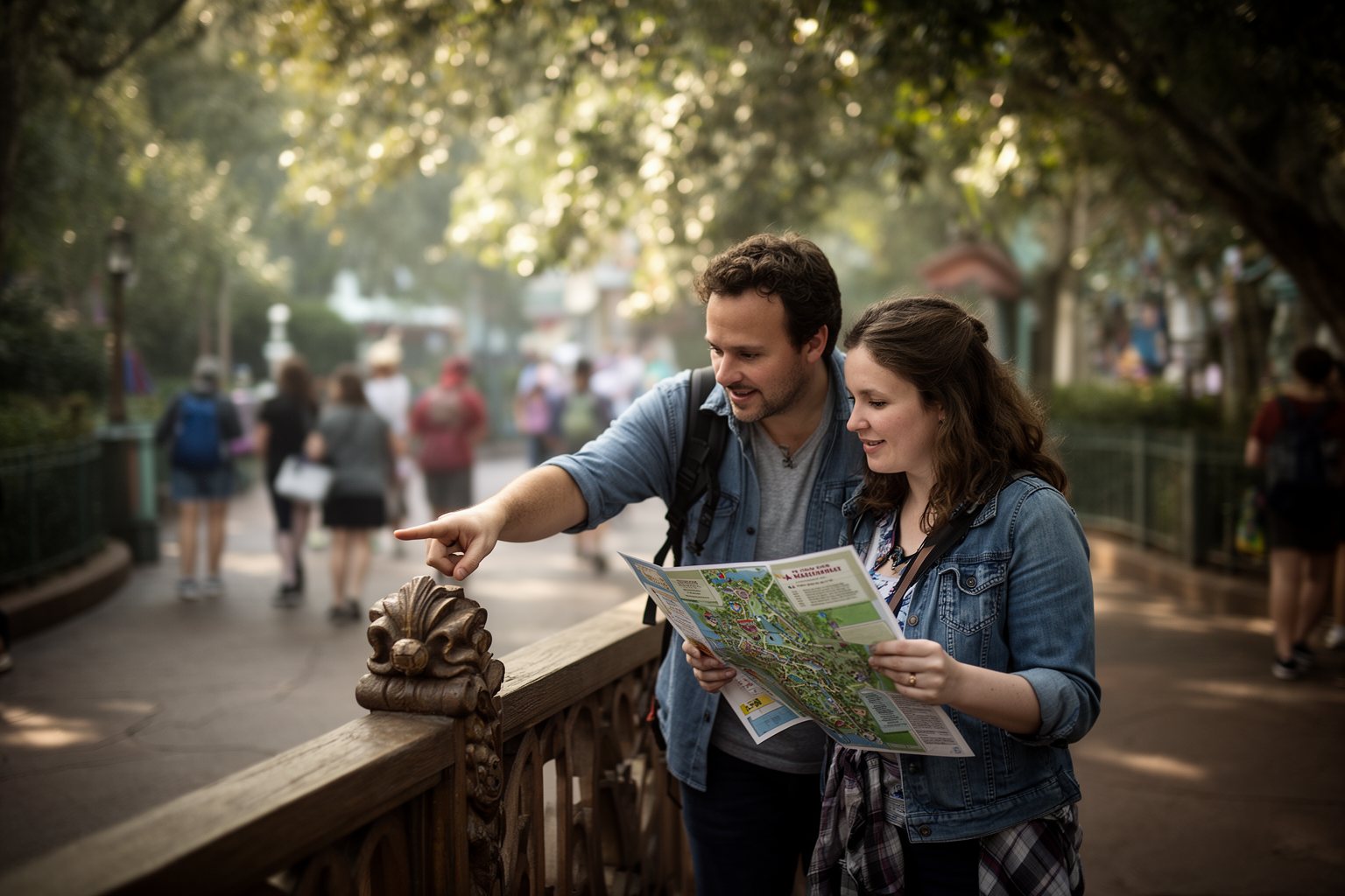 Magic Kingdom Hidden Gems: Secrets in Every Land Couple spotting a small carved detail beside a quiet path at Magic Kingdom in the morning