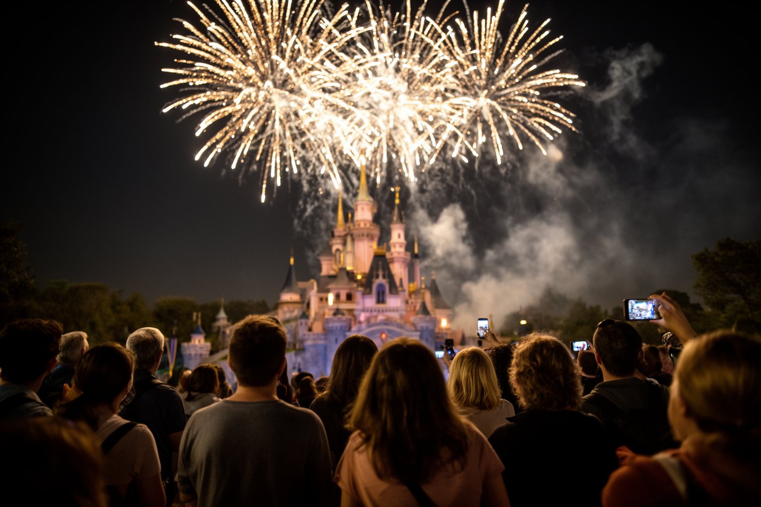 Magic Kingdom Hidden Gems: Secrets in Every Land Visitors watching fireworks burst above the castle at Magic Kingdom at night
