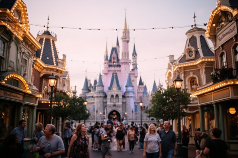 Magic Kingdom Hidden Gems: Secrets in Every Land Visitors strolling a Victorian main street toward the fairytale castle at Magic Kingdom at dusk