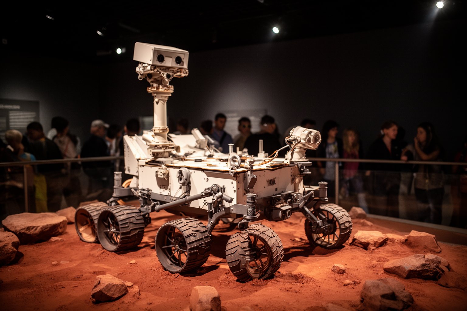Full-size six-wheeled Mars rover replica on red rocky terrain in a museum exhibit