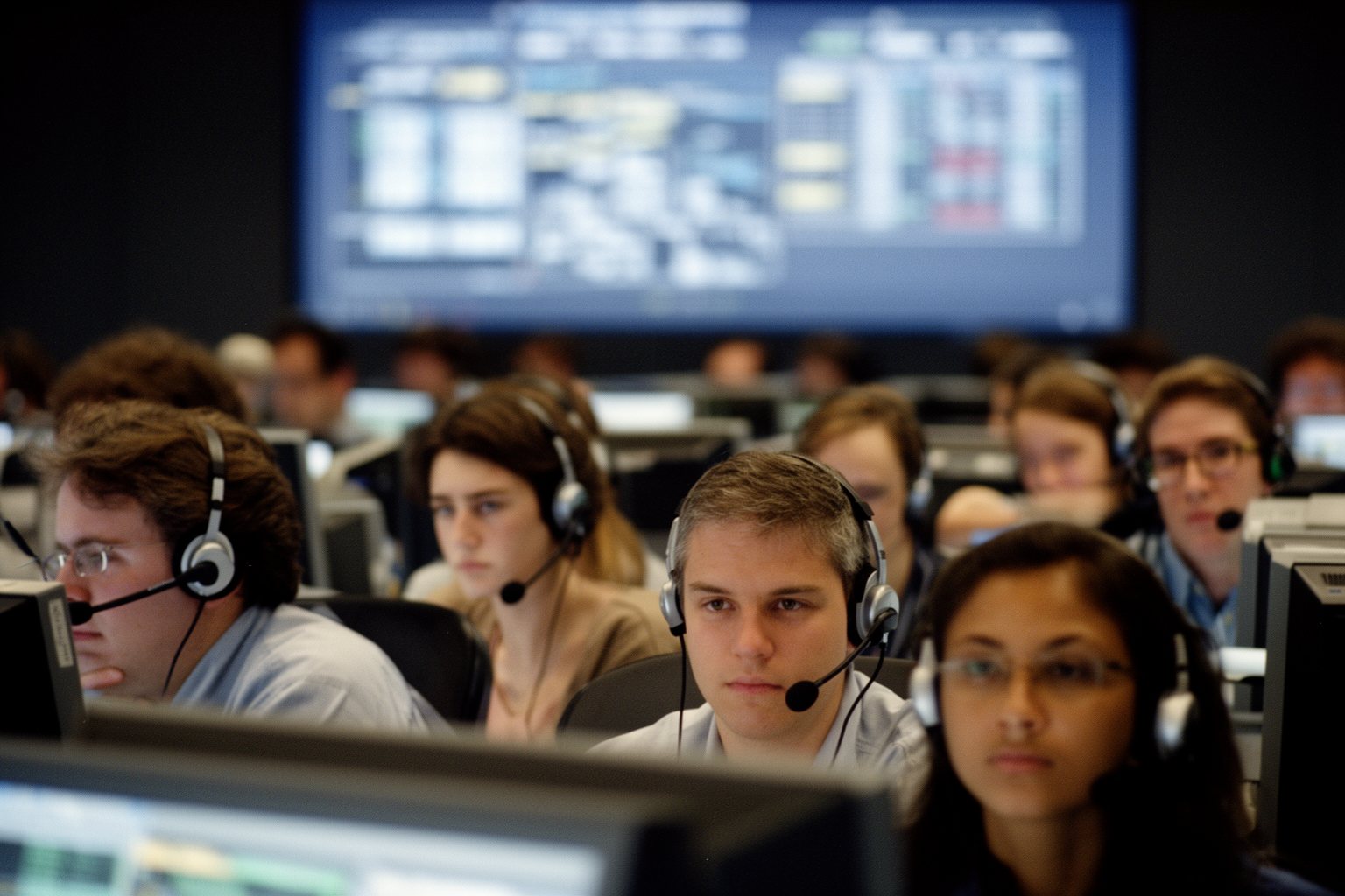 Engineers with headsets working at consoles in a mission control room