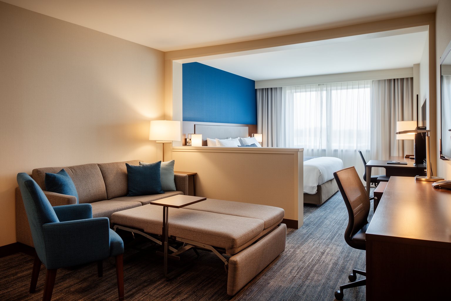 Modern suite with a sofa and work area at SpringHill Suites Orlando at SeaWorld