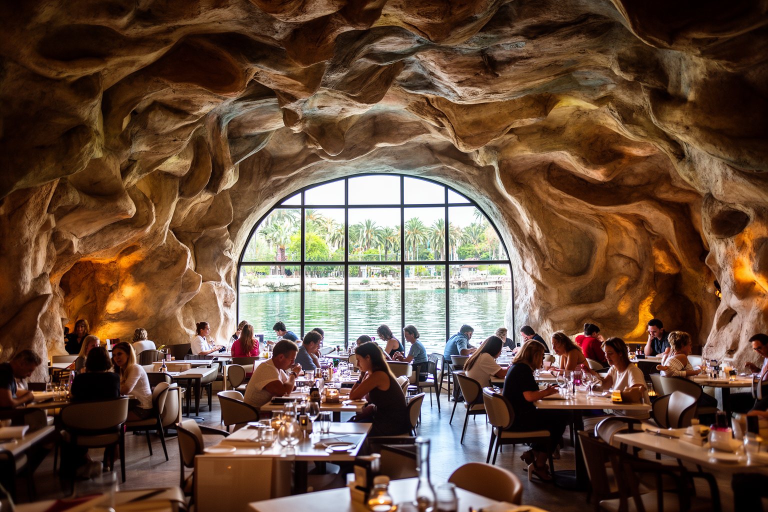 10 Must-Try Restaurants at Universal Studios Florida: Your Ultimate Guide Grotto-like carved stone dining room with a lagoon window at Mythos Restaurant