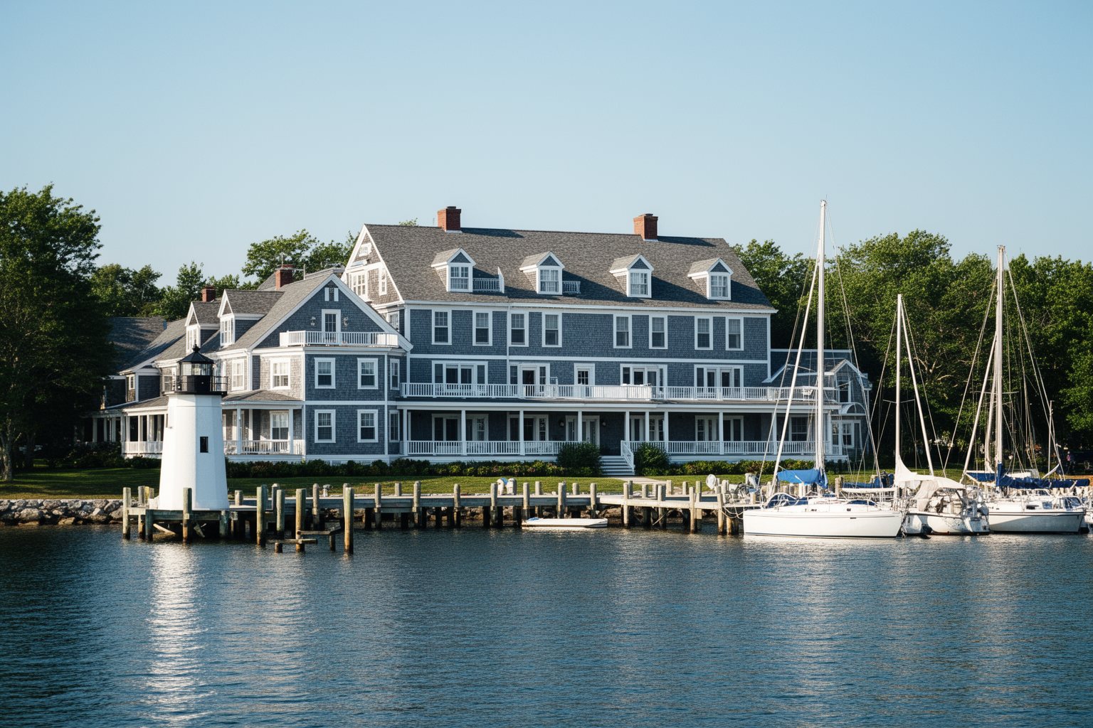 New England style Yacht Club Resort and its lighthouse pier on the lake