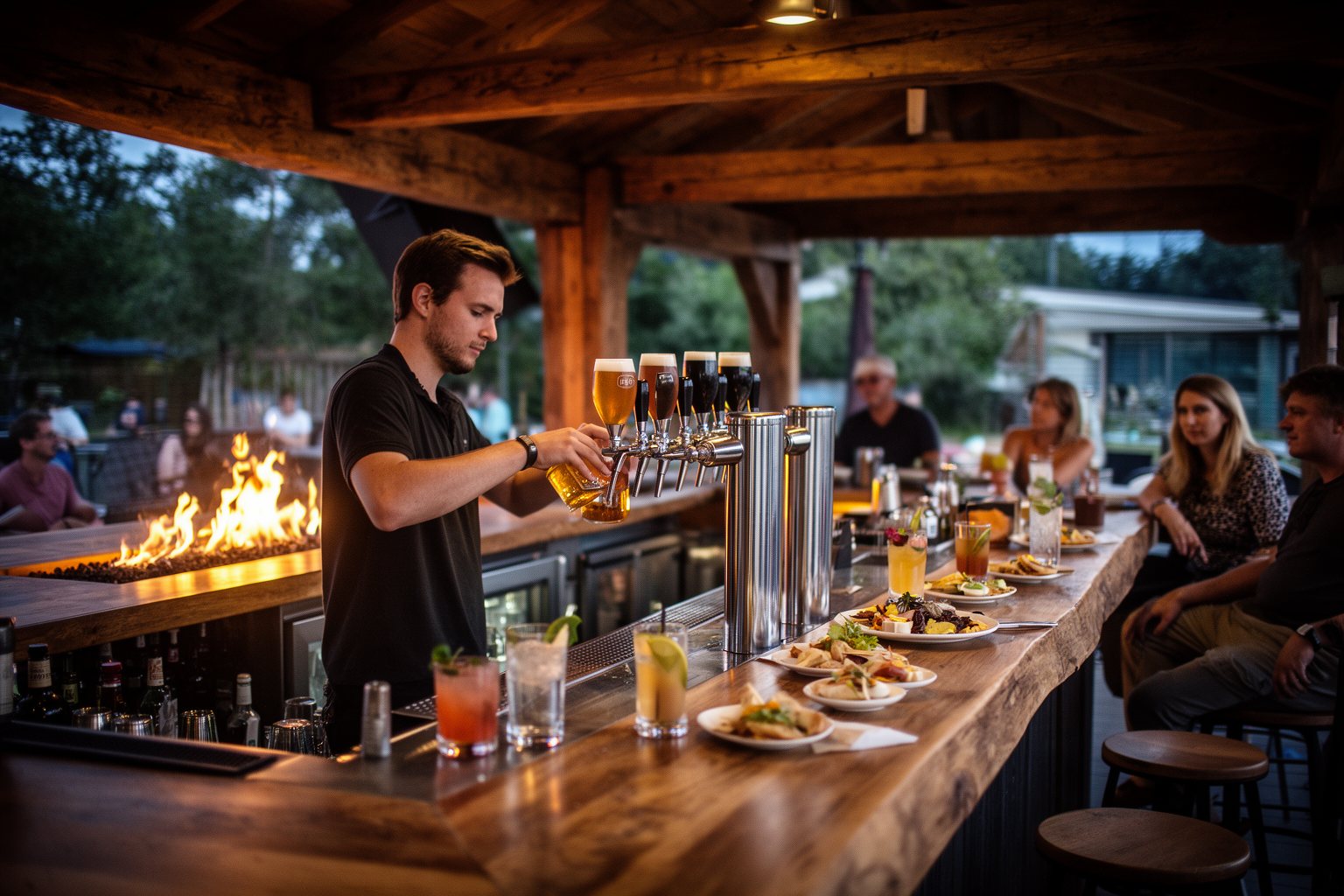 Sea World Orlando Restaurants: 10 Spots Worth Finding Bartender pouring craft beer beside cocktails at Flamecraft Bar at dusk