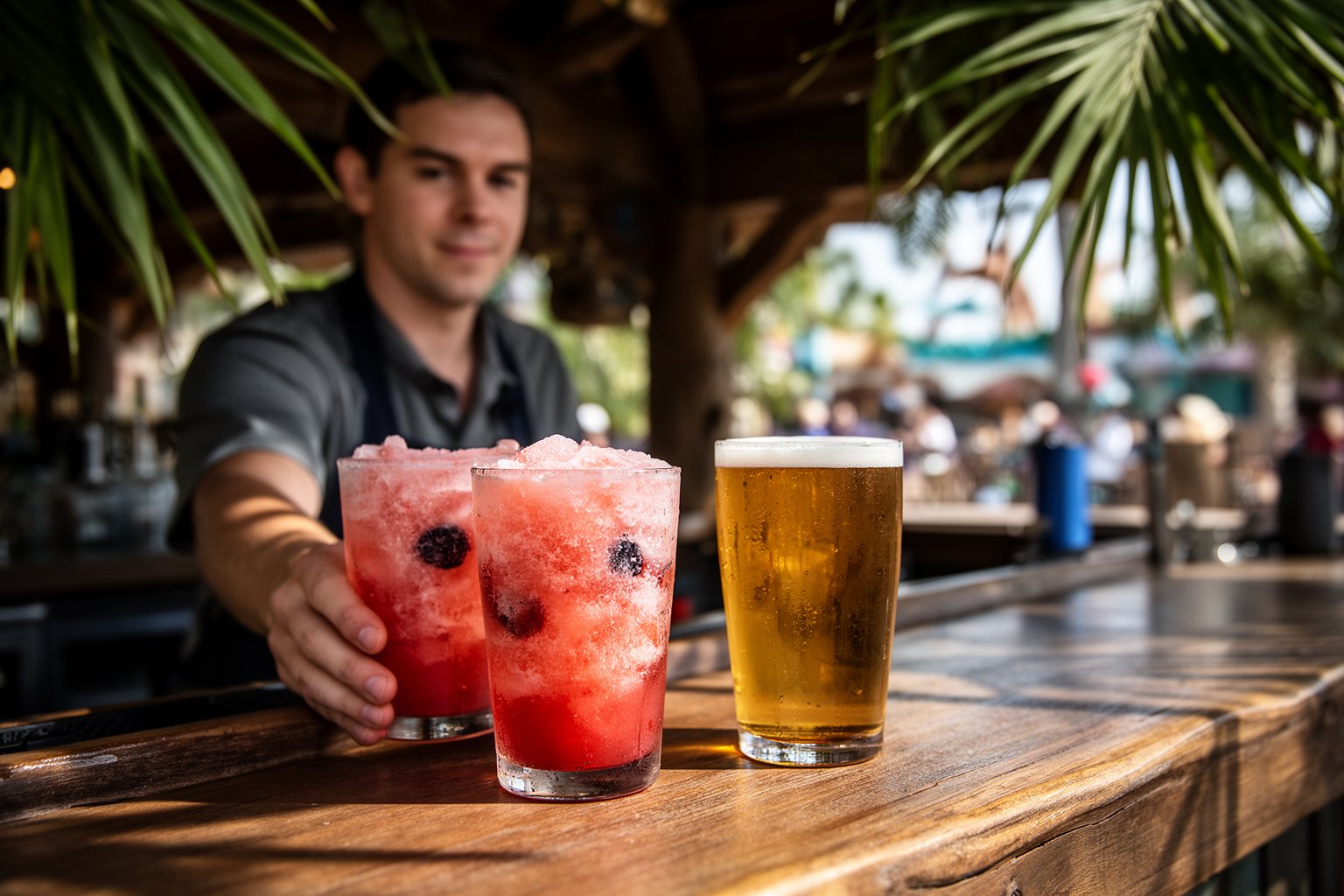Busch Gardens Tampa Food: A Foodie's Guide to the Park Frozen fruit drinks and a craft beer served at an outdoor bar at Busch Gardens