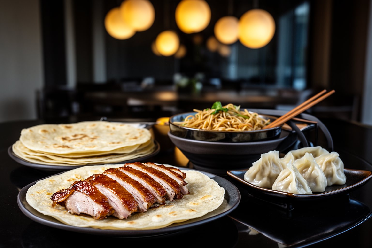 Sliced duck, dumplings and noodles at Morimoto Asia in Disney Springs