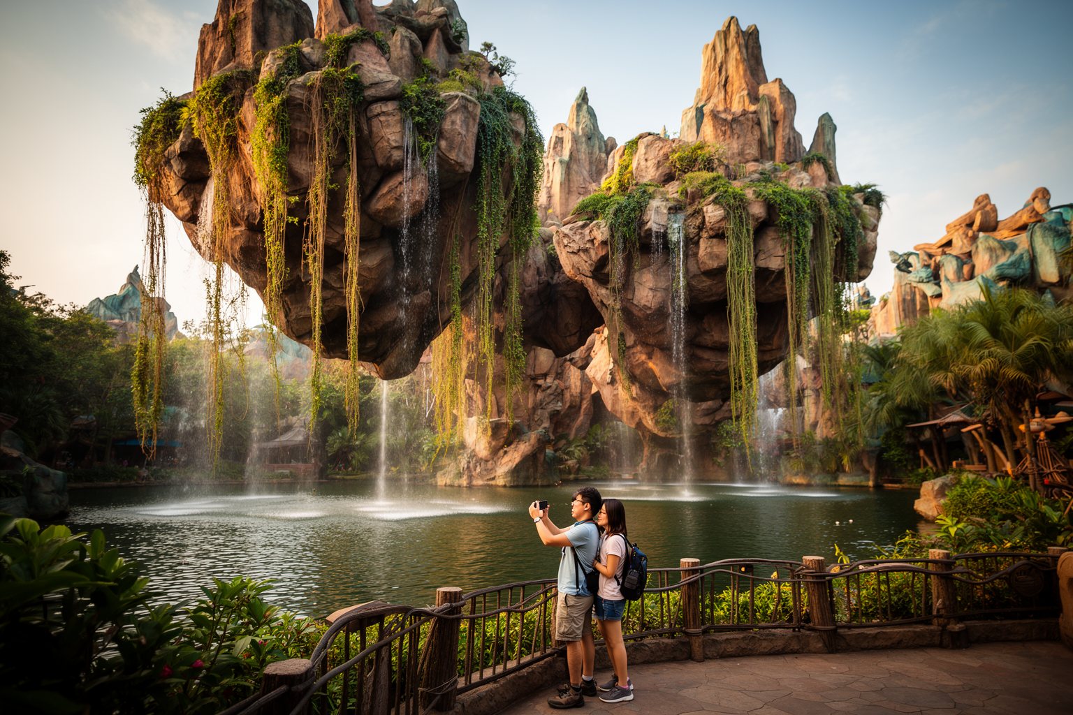 Couple photographing the floating mountains and waterfalls of Pandora at Animal Kingdom