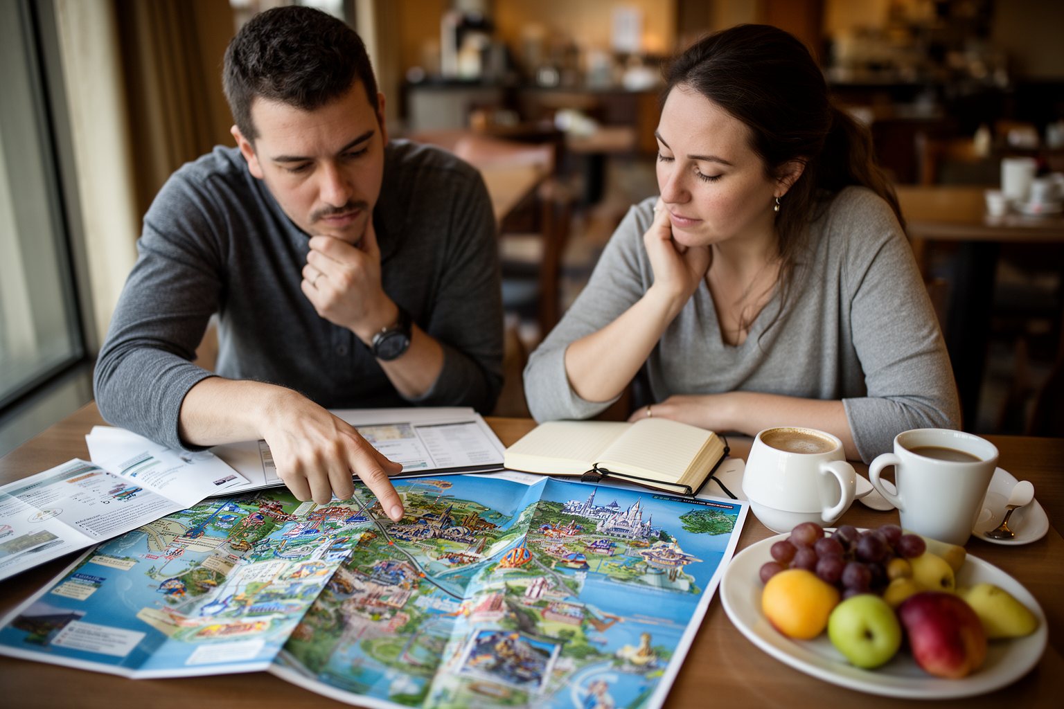 Legoland Florida vs Disney World vs Universal Studios Parents comparing Florida theme park maps over breakfast to choose a park