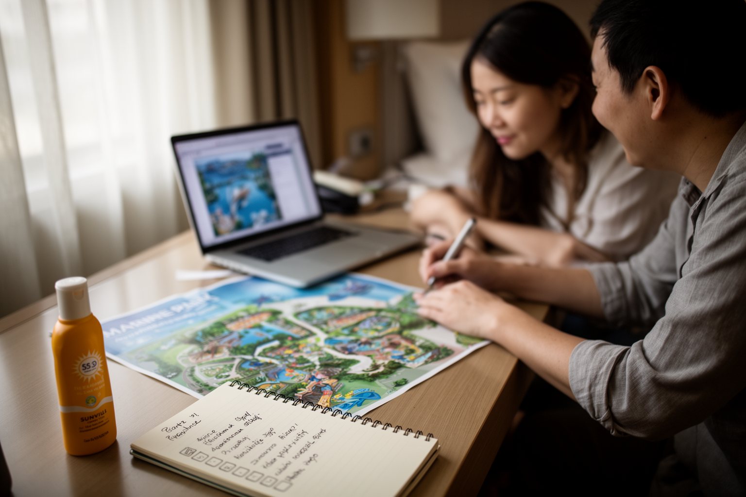 SeaWorld Family Guide: Surviving a Day at SeaWorld Orlando Parents planning a SeaWorld visit with a laptop, a paper park map and a notebook