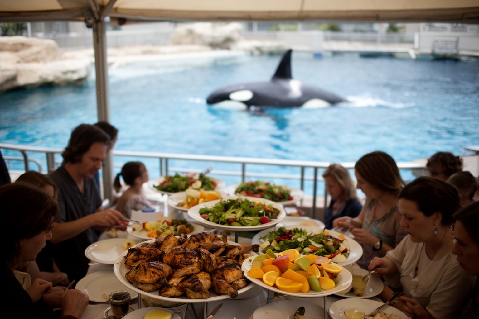 Sea World Orlando Restaurants: 10 Spots Worth Finding Guests dining on a shaded terrace beside the orca pool at SeaWorld Orlando
