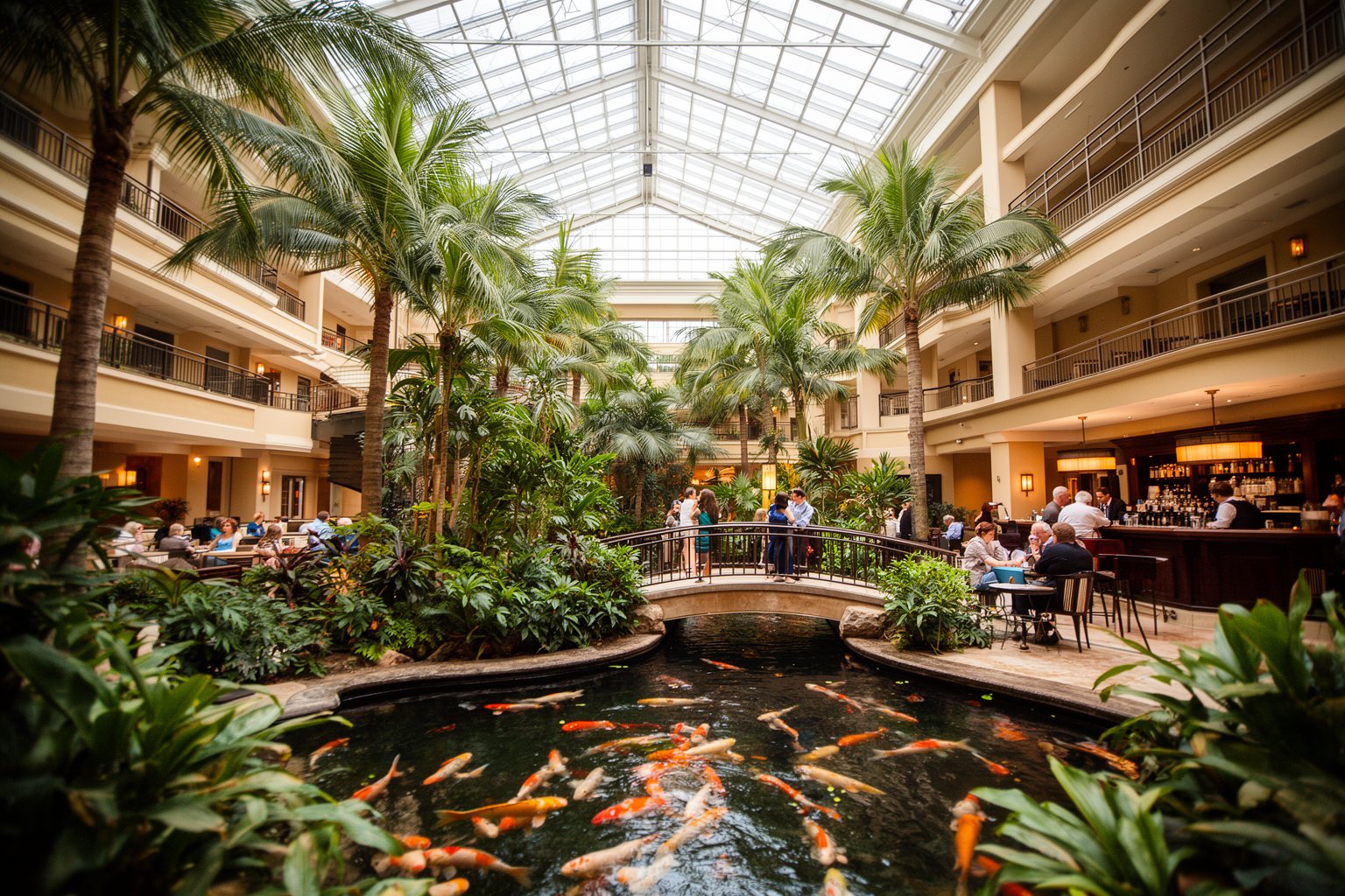 Glass-roofed atrium lobby with tropical plants at Renaissance Orlando at SeaWorld