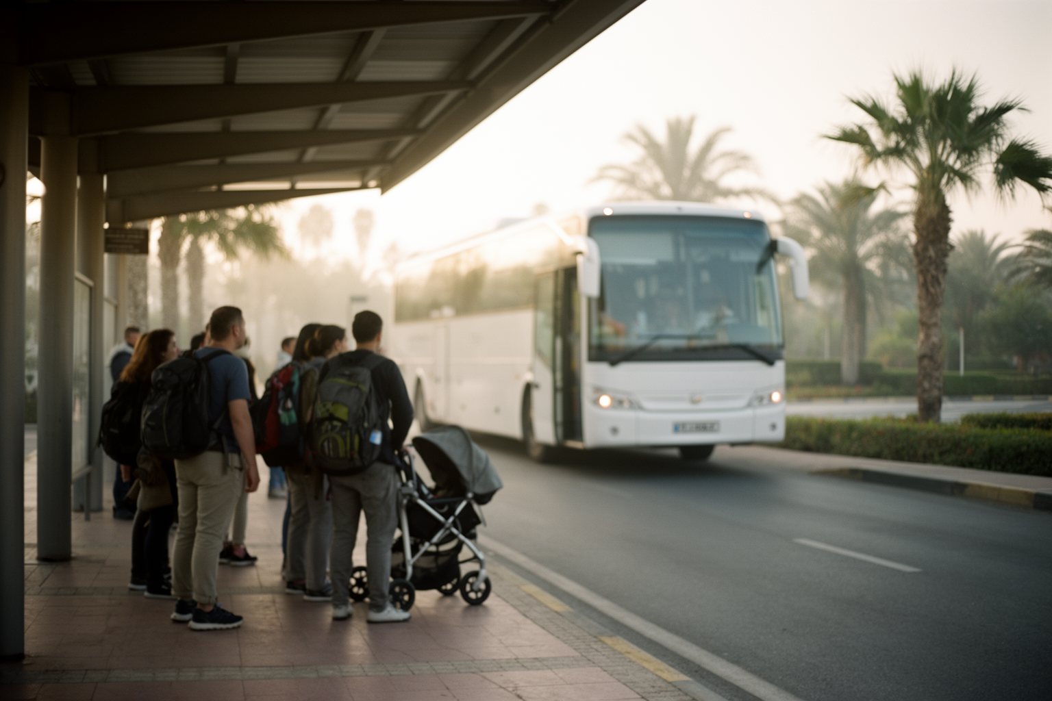 Guests waiting to board a resort bus to Animal Kingdom in the early morning