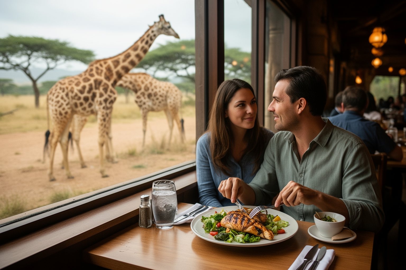 Busch Gardens Tampa Food: A Foodie's Guide to the Park Diners watching giraffes through tall restaurant windows at Busch Gardens Tampa