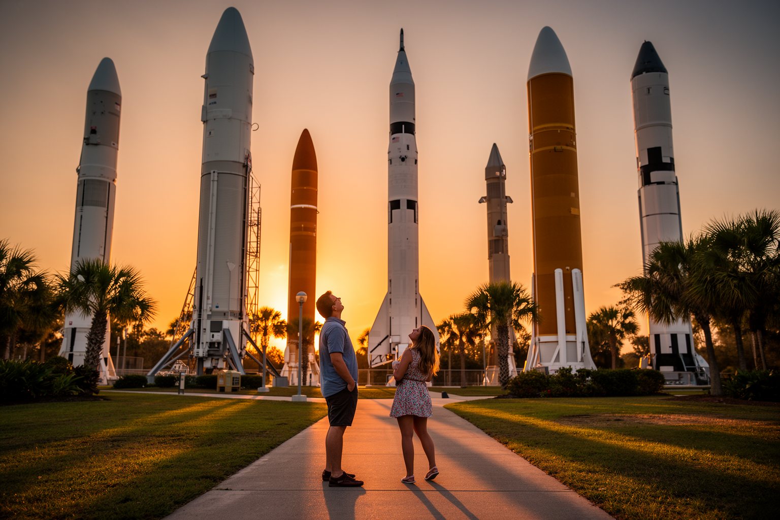 Visitors walking among historic rockets at Kennedy Space Center at sunset