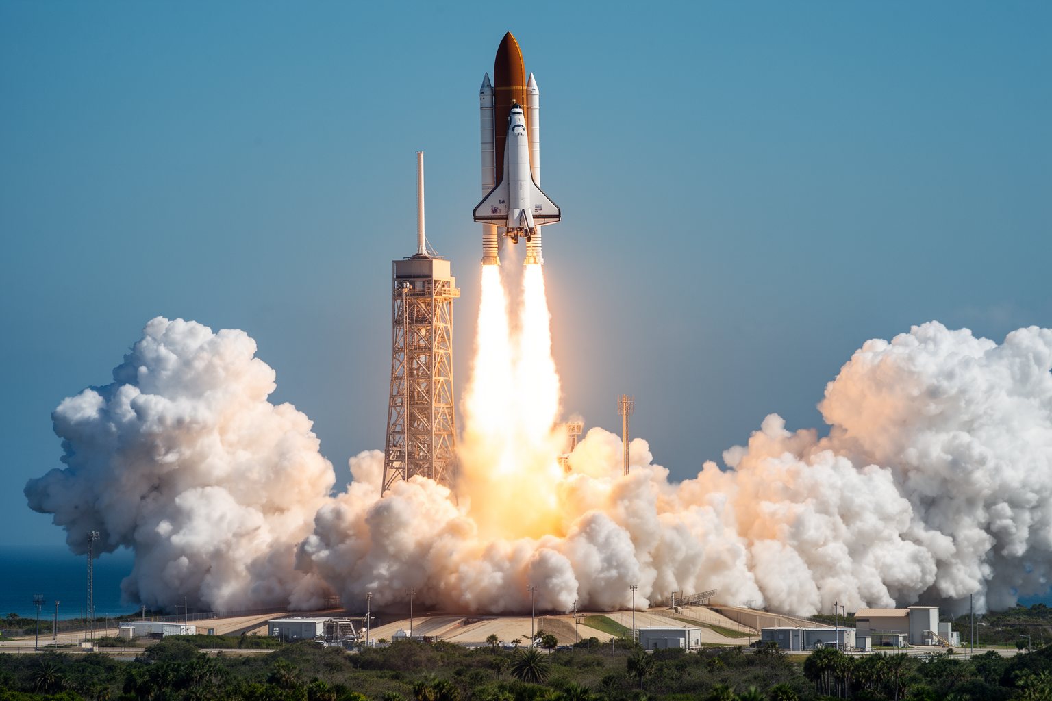 Rocket lifting off from a Florida Space Coast launch pad in bright billowing steam