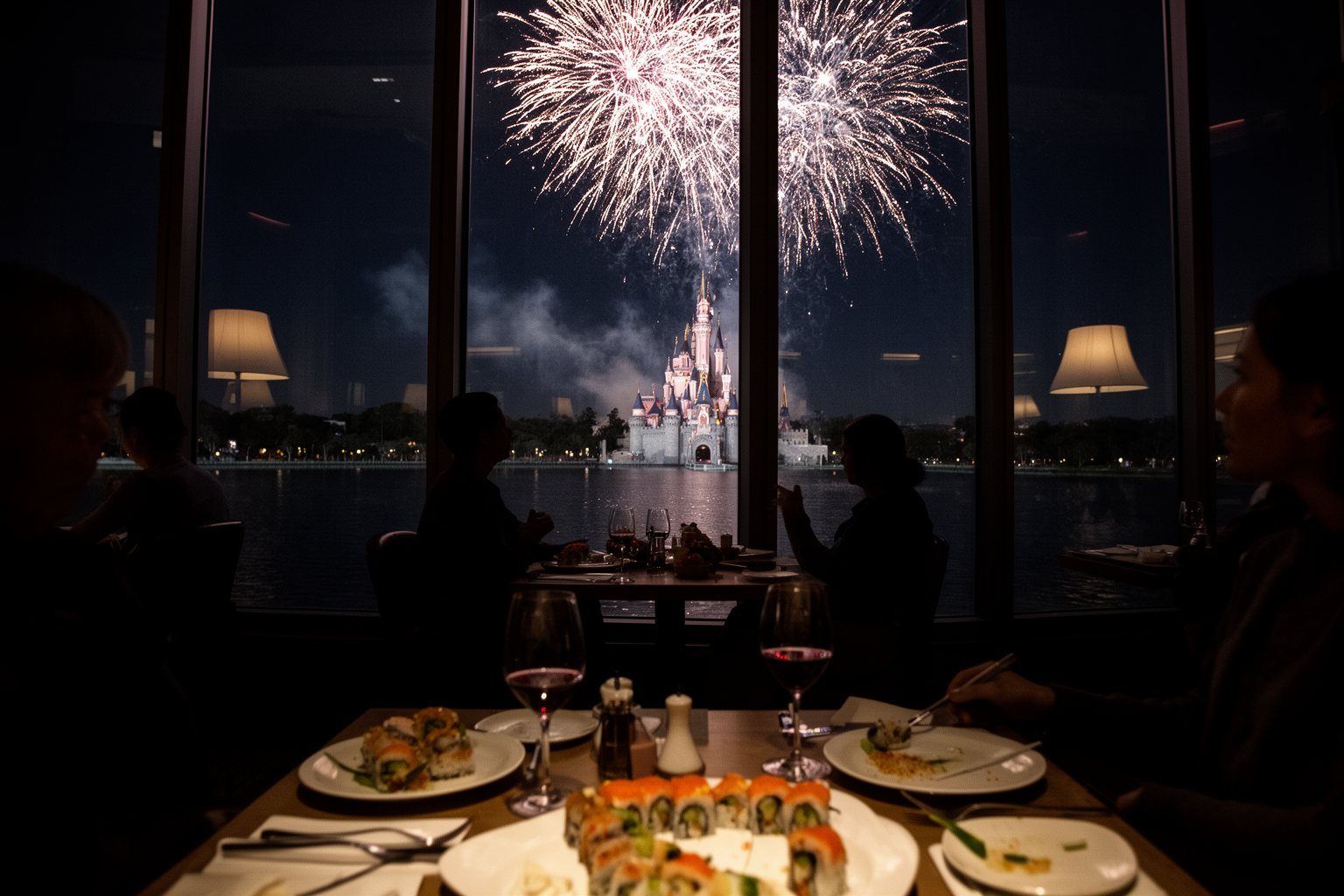Diners watching fireworks from California Grill atop the Contemporary Resort