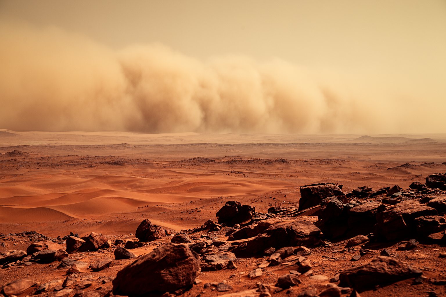 Rust-red rocky landscape under a hazy, dust-filled sky like the surface of Mars
