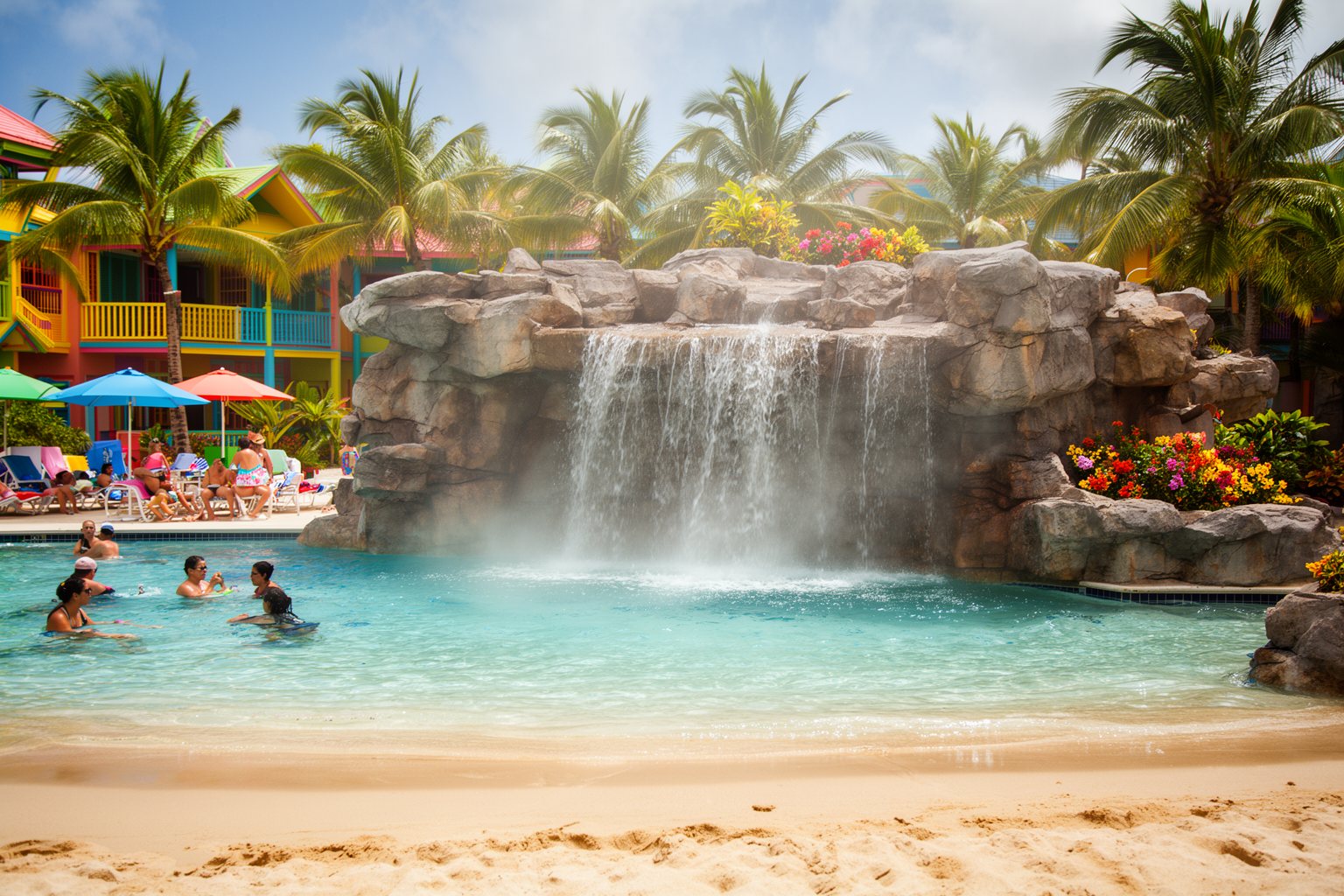 Universal Studios Florida Hotels: Hidden Gems Compared Rocky waterfall cascading into the pool at Loews Sapphire Falls Resort