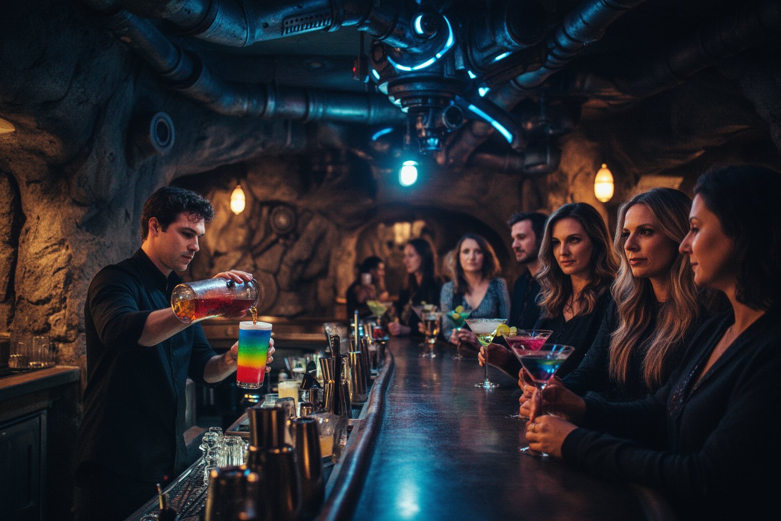 Hollywood Studios Food Spots: Where to Eat Like a Star Bartender pouring colourful drinks at a dimly lit sci-fi cantina at Hollywood Studios