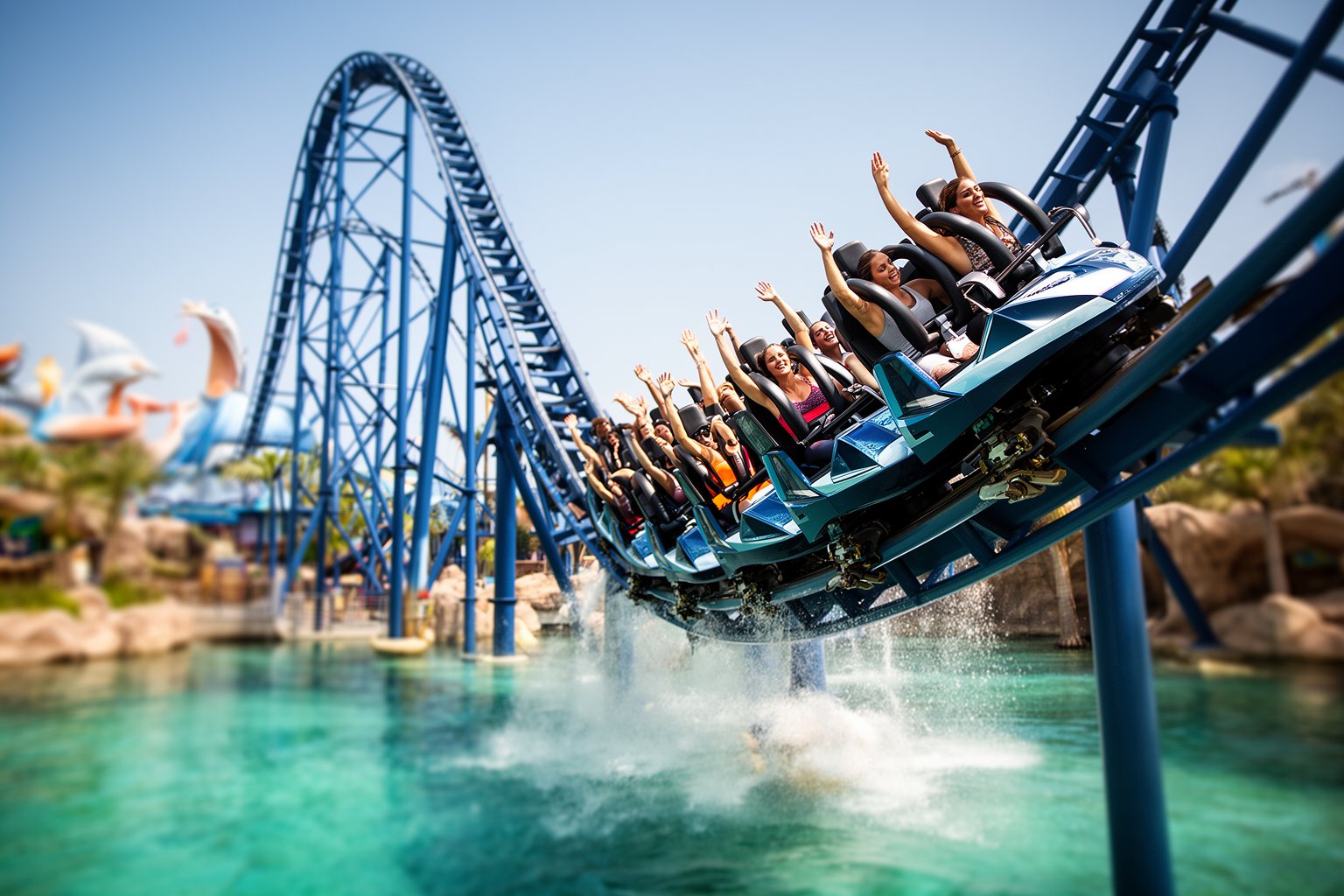 SeaWorld Family Guide: Surviving a Day at SeaWorld Orlando Blue steel roller coaster plunging over the water at SeaWorld Orlando