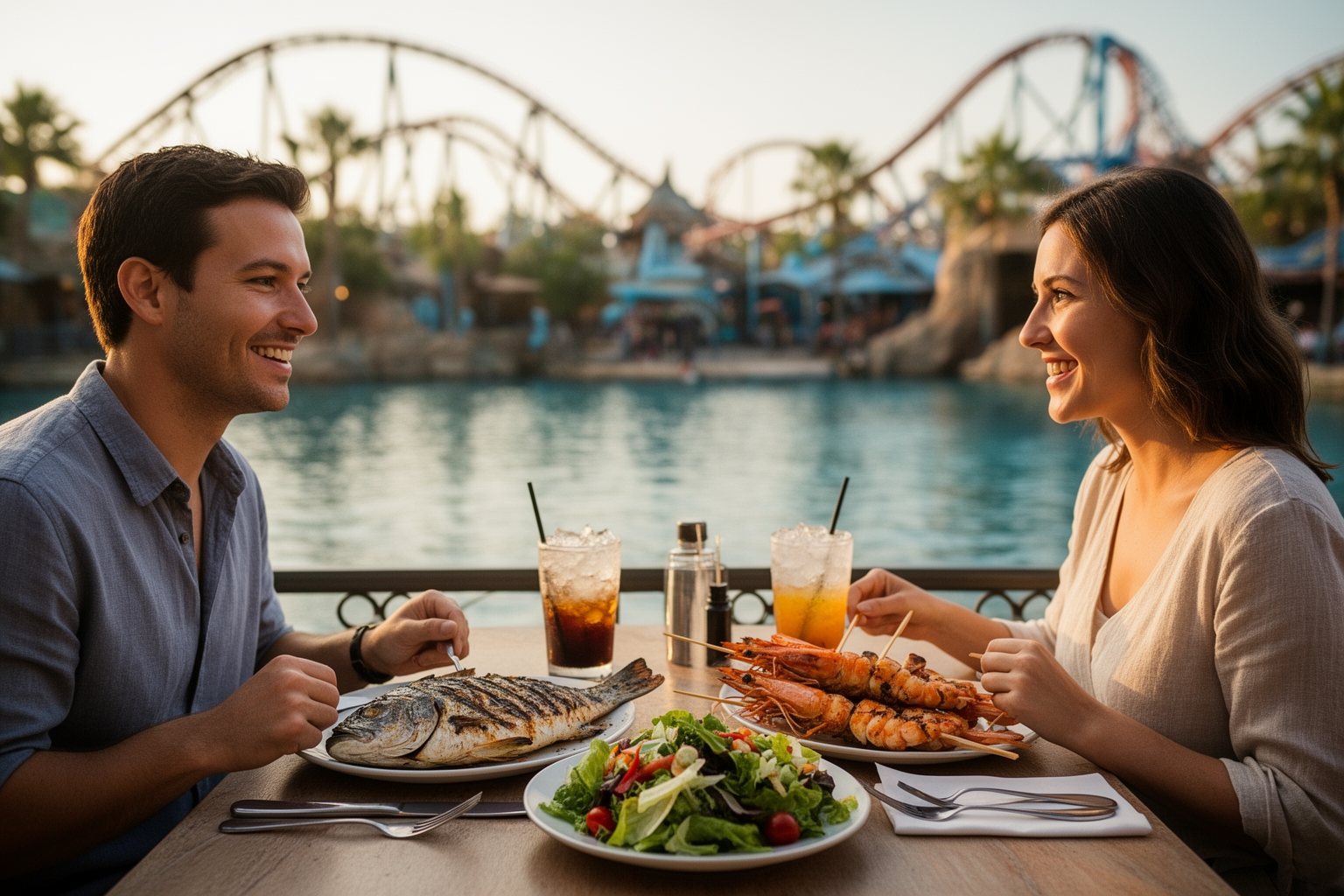 Sea World Orlando Restaurants: 10 Spots Worth Finding Couple dining on grilled seafood at a waterfront table at SeaWorld Orlando