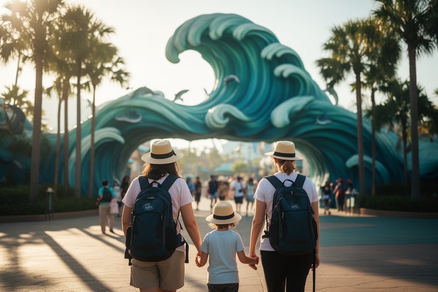 SeaWorld Family Guide: Surviving a Day at SeaWorld Orlando Family with backpacks and hats walking into SeaWorld Orlando in the morning sunshine