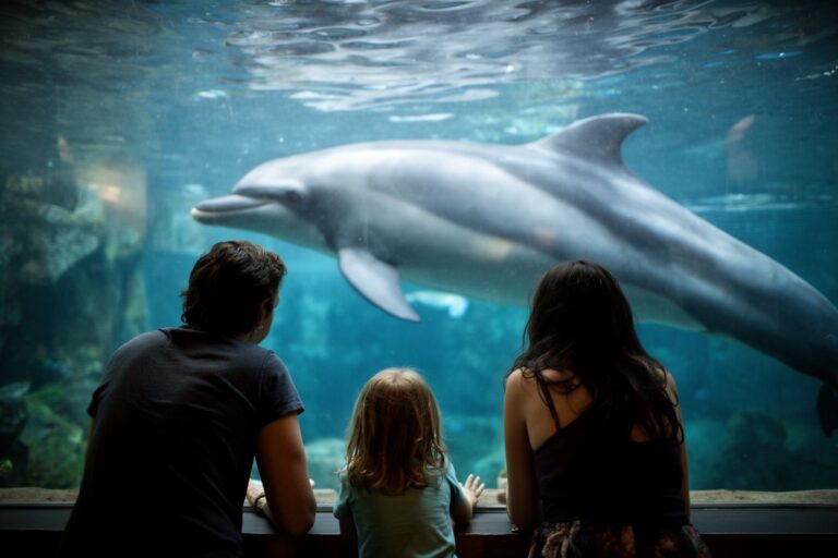 SeaWorld Family Guide: Surviving a Day at SeaWorld Orlando Family watching dolphins glide past an underwater viewing window at SeaWorld Orlando